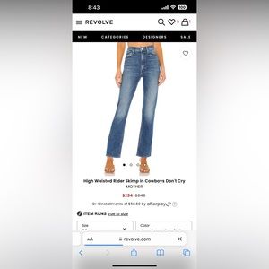 Mother high waisted Rider skimp jeans size 26